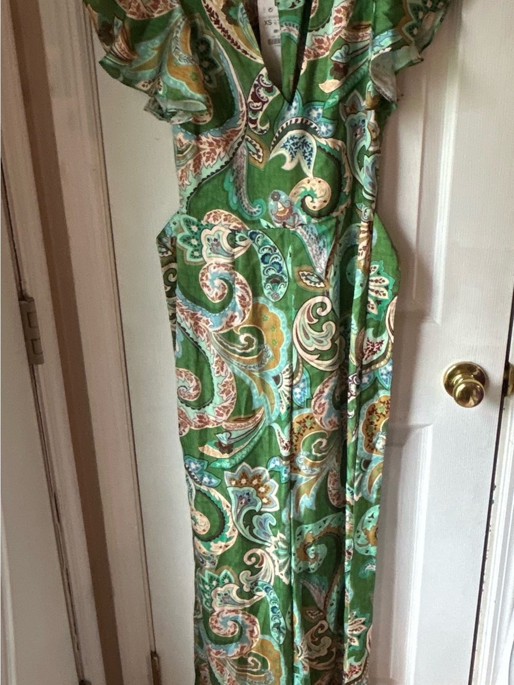 Zara Green Paisley Ruffle-Sleeve Jumpsuit